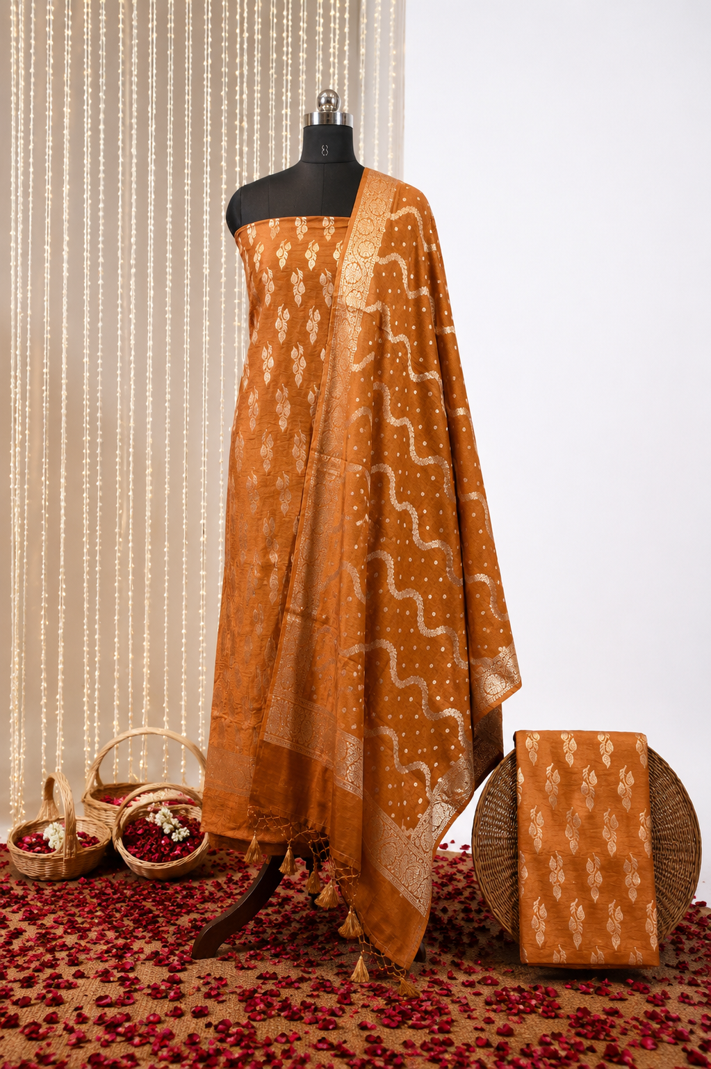 Premium Banarasi Unstichd Kurti Set – Mustard Gold