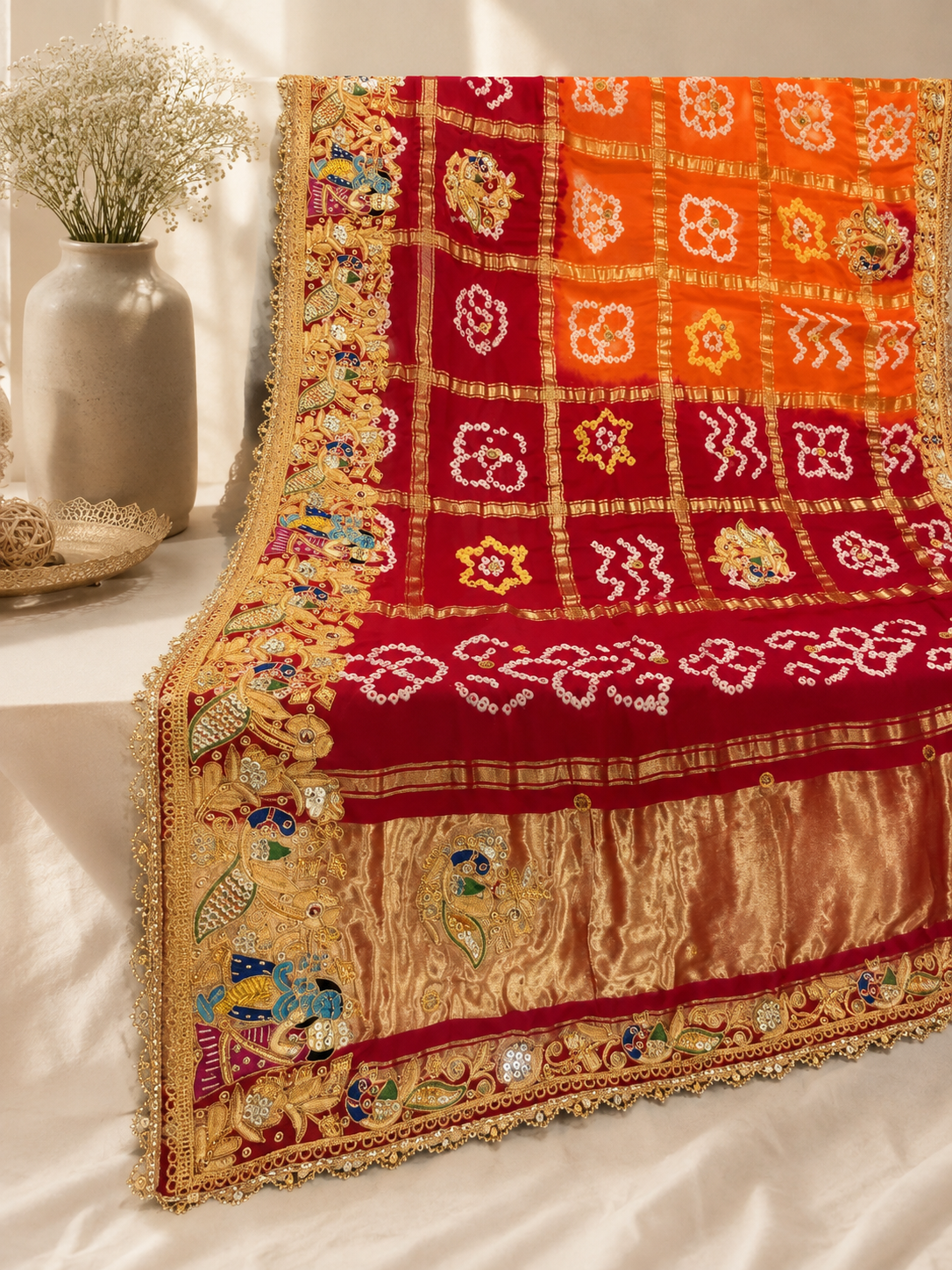 Royal Bandhani Pichwai Border Saree – Maroon & Orange