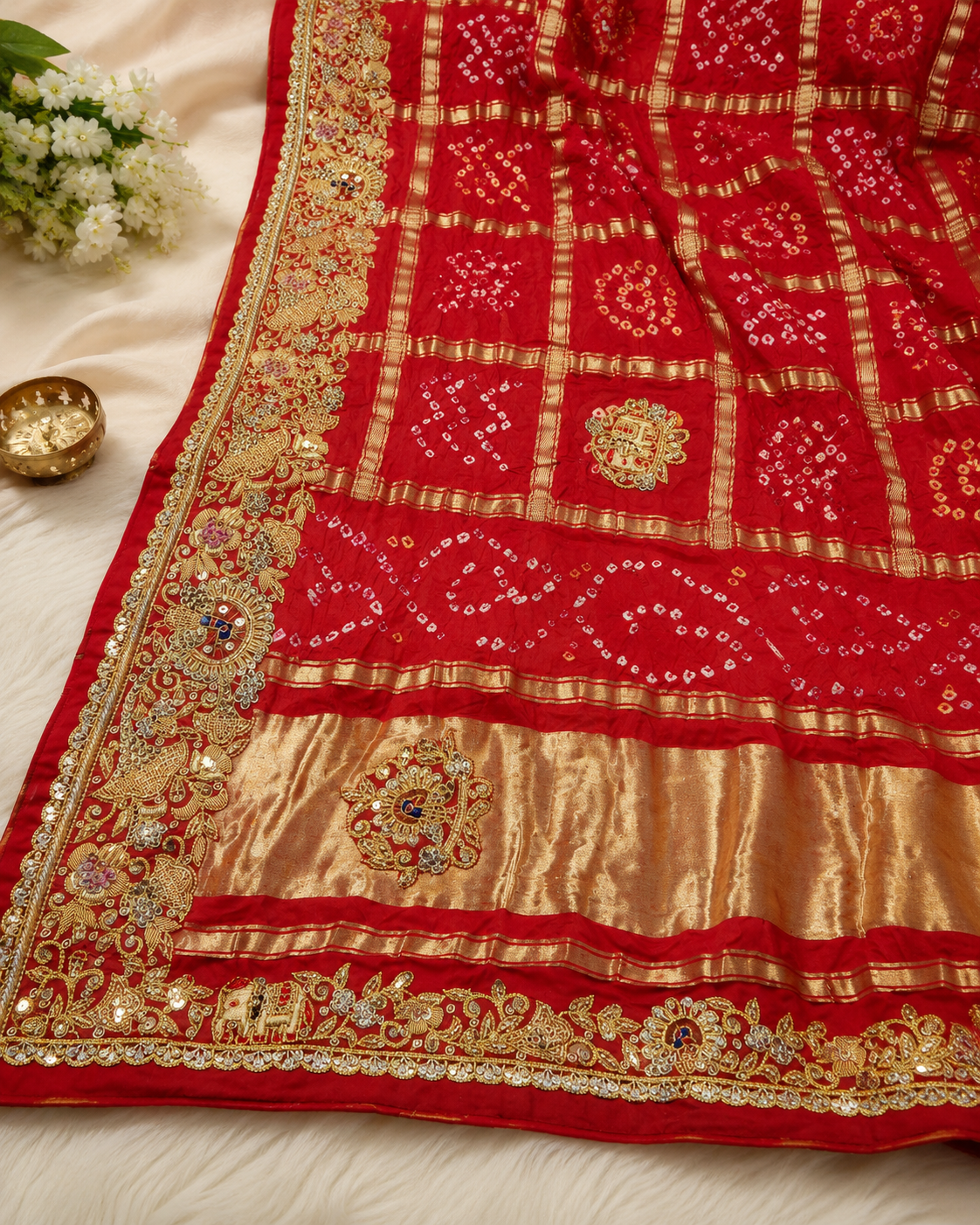 Royal Bandhani Peacock Zari Embroidered Dupatta – Crimson Red