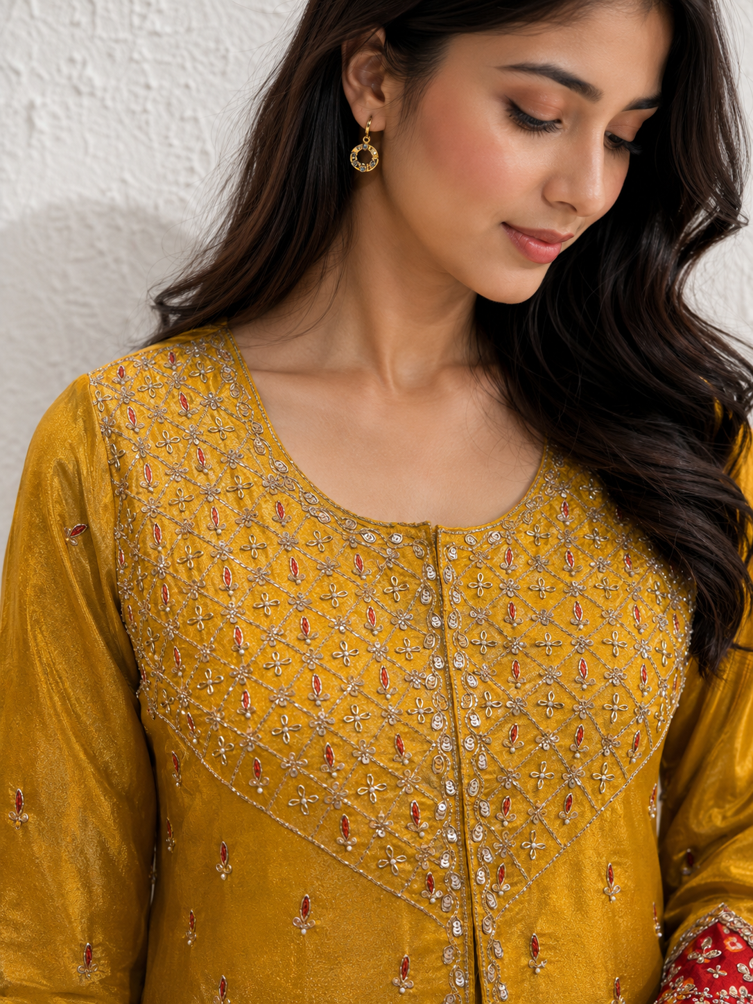 Mustard Yellow Hand-Embroidered Silk Kurta Set