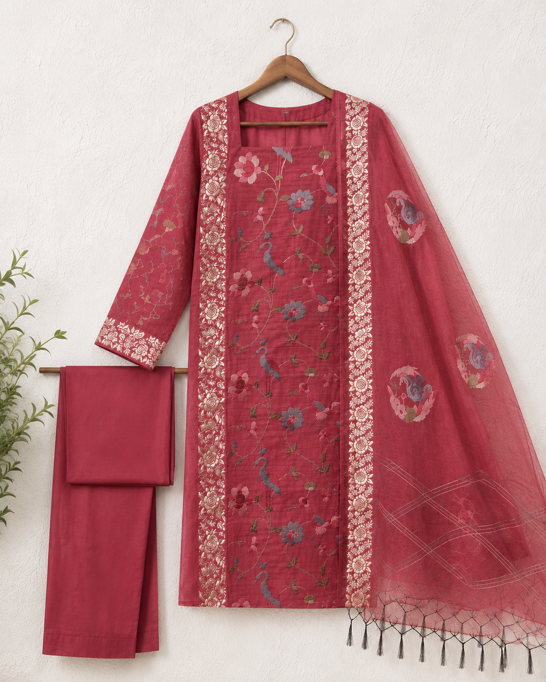 Roselle Crane Embroidered Unstiched Suit Set