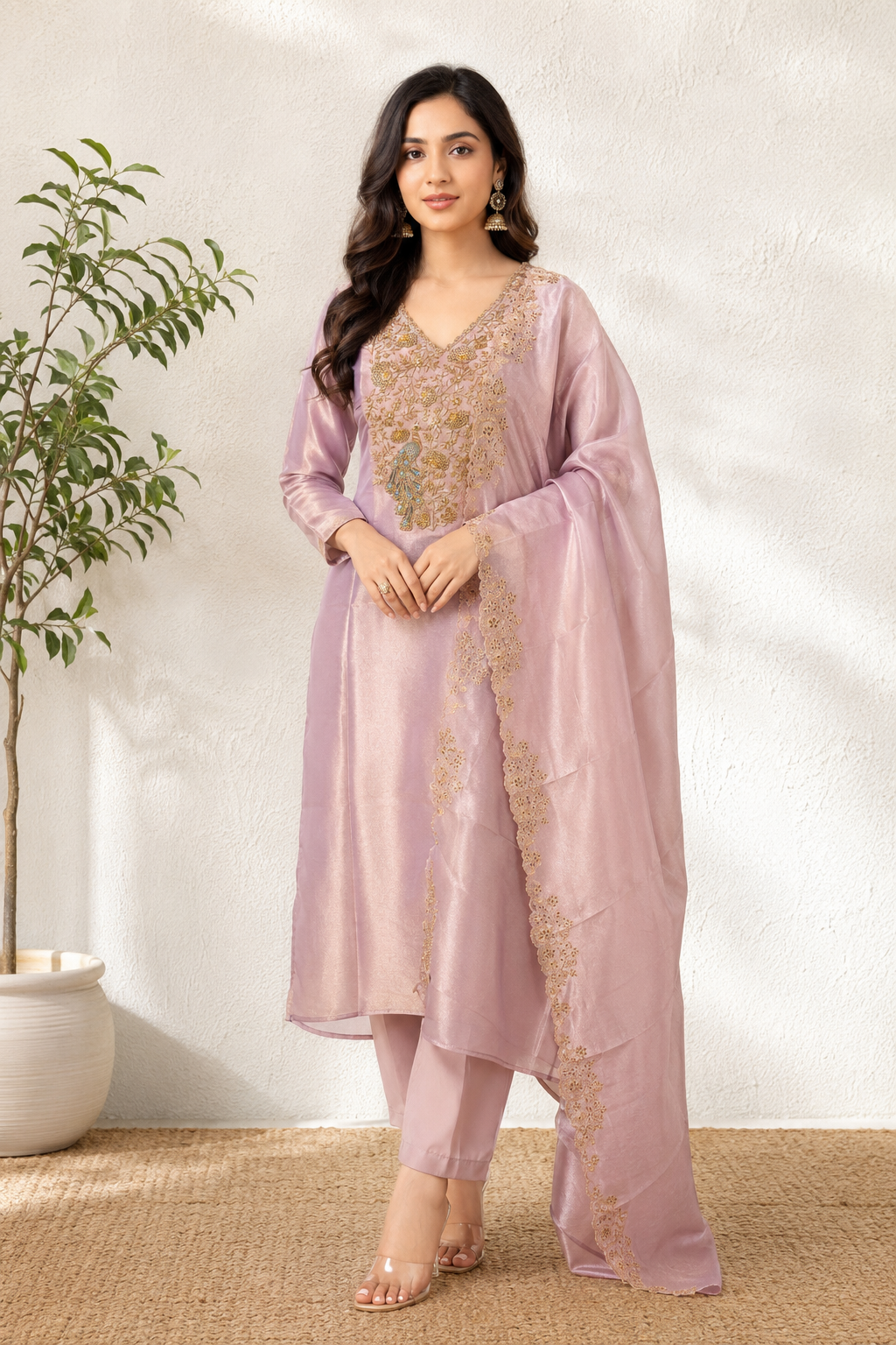 Blush Peacock Zari Embroidered Silk Unstiched Kurta Set
