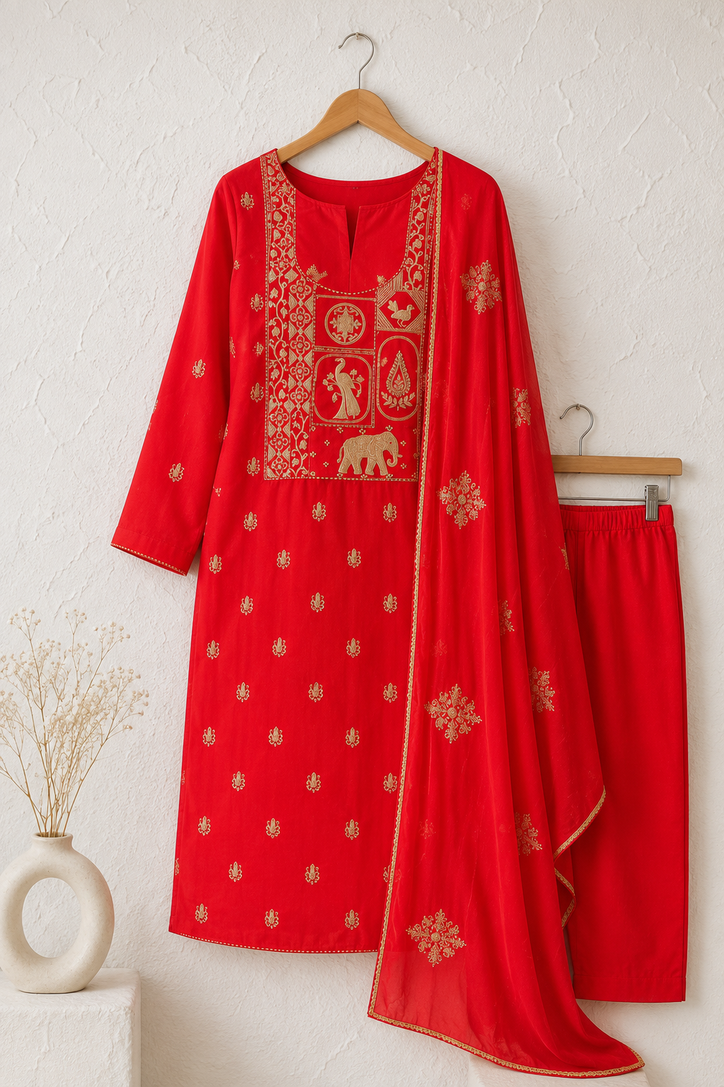 Rangmahal Heritage Red Embroidered Unstiched Kurti Set