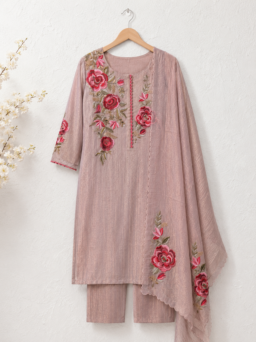 Blush Bloom Embroidered Unstiched Kurta Set with Floral Dupatta