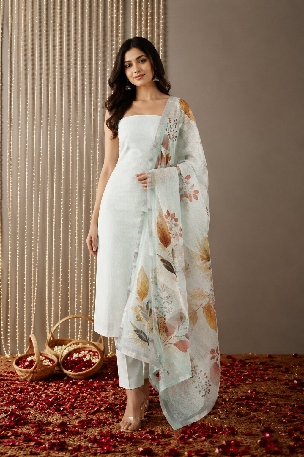Mint Whisper Floral Linen Kurti Set