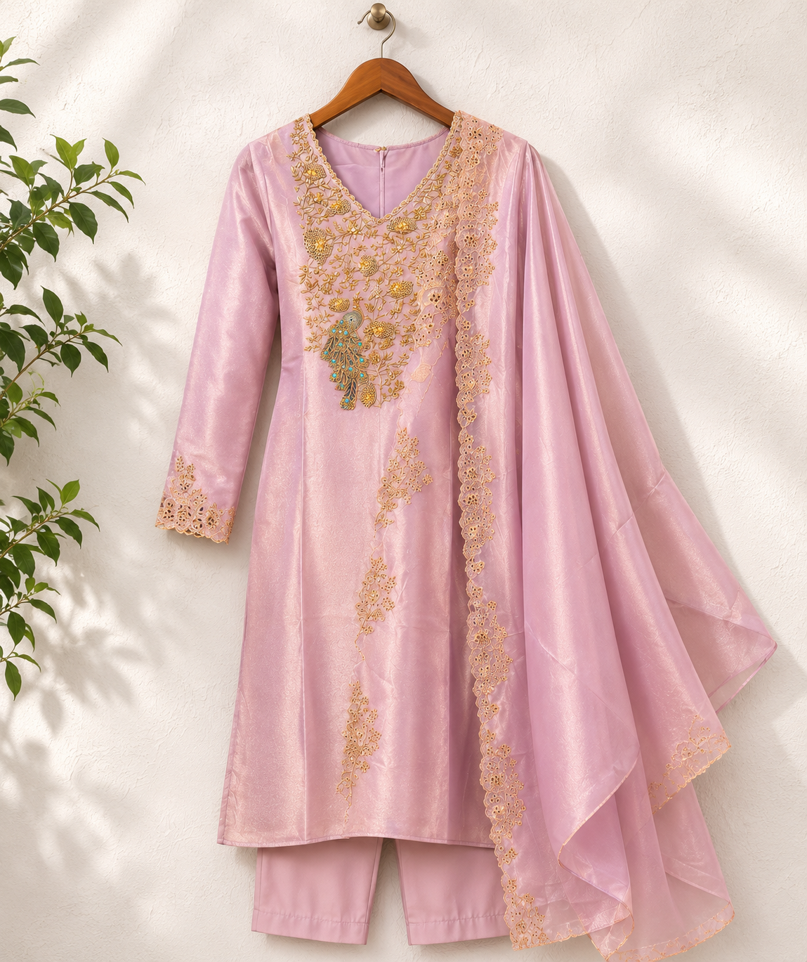 Blush Peacock Zari Embroidered Silk Unstiched Kurta Set