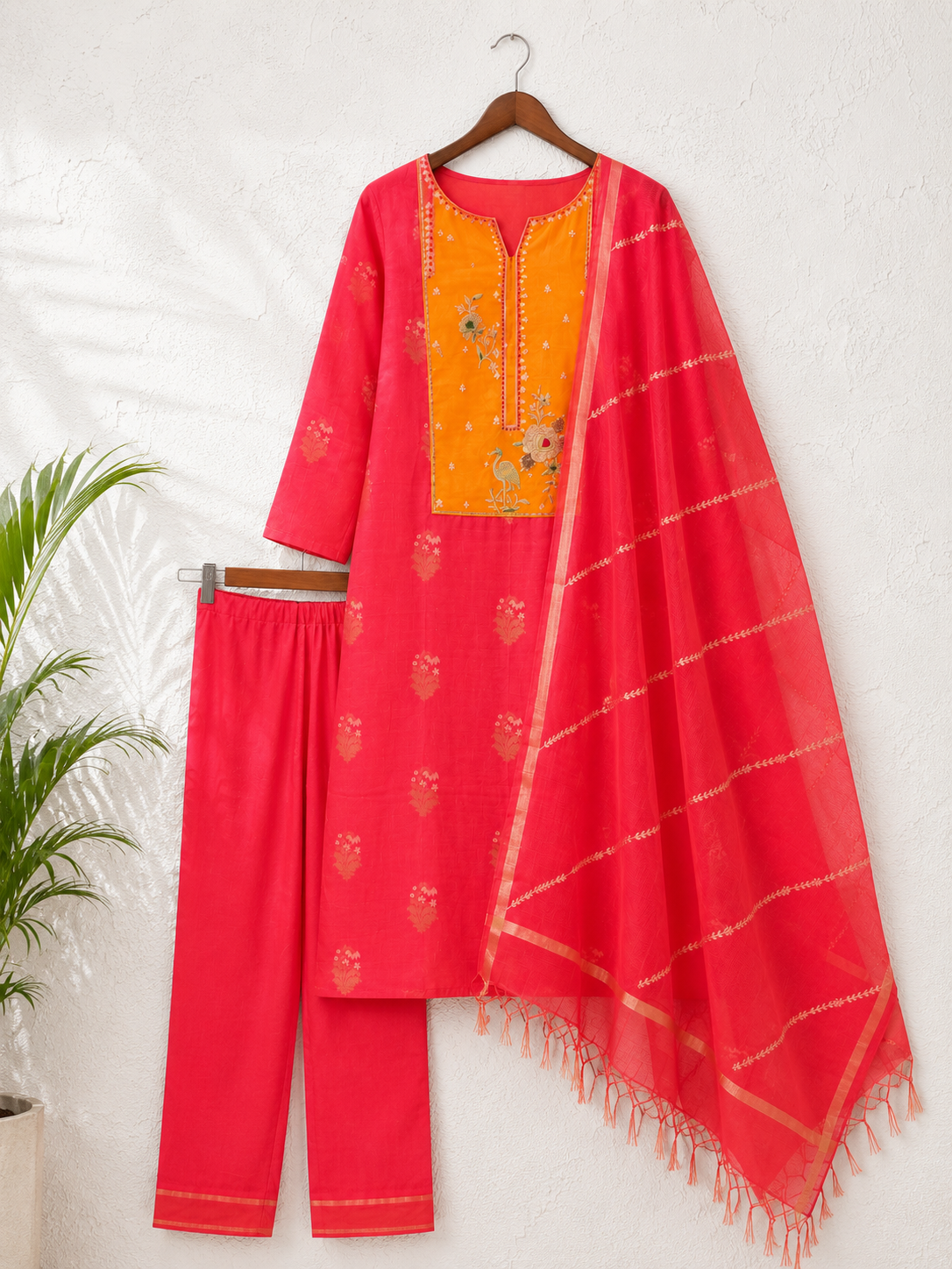 Gulnaar Bird Embroidered Cotton Unstiched Kurta Set with Kota Doria Dupatta