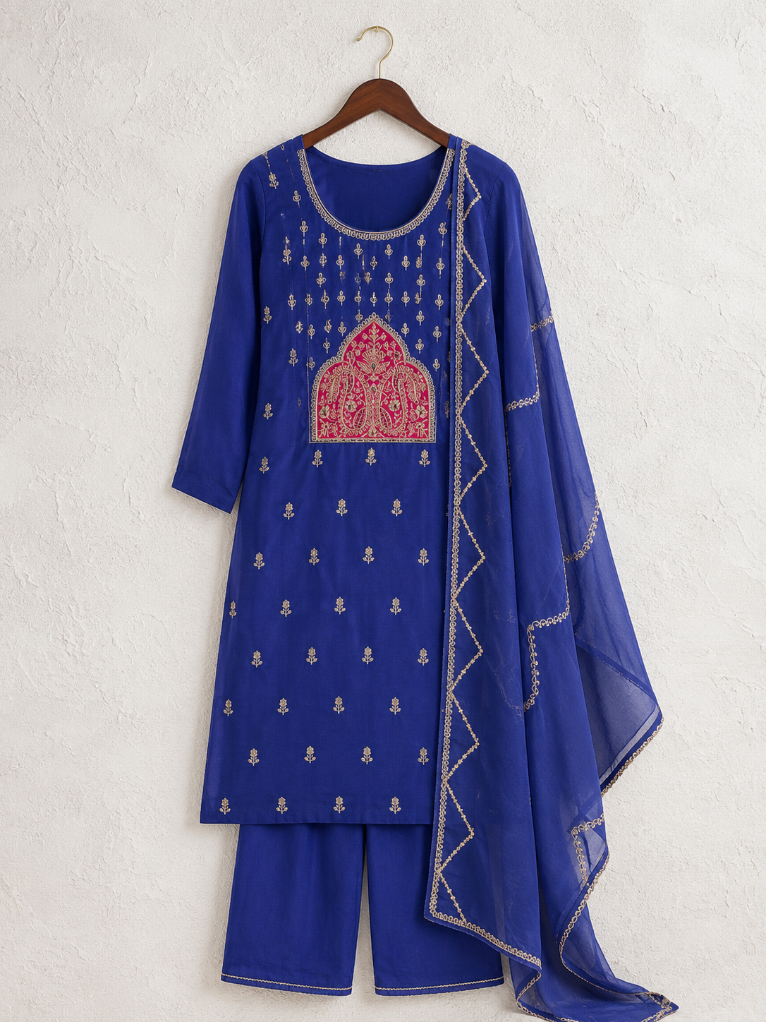 Royal Blue Hand-Embroidered Unstiched Kurti Set with Embellished Dupatta