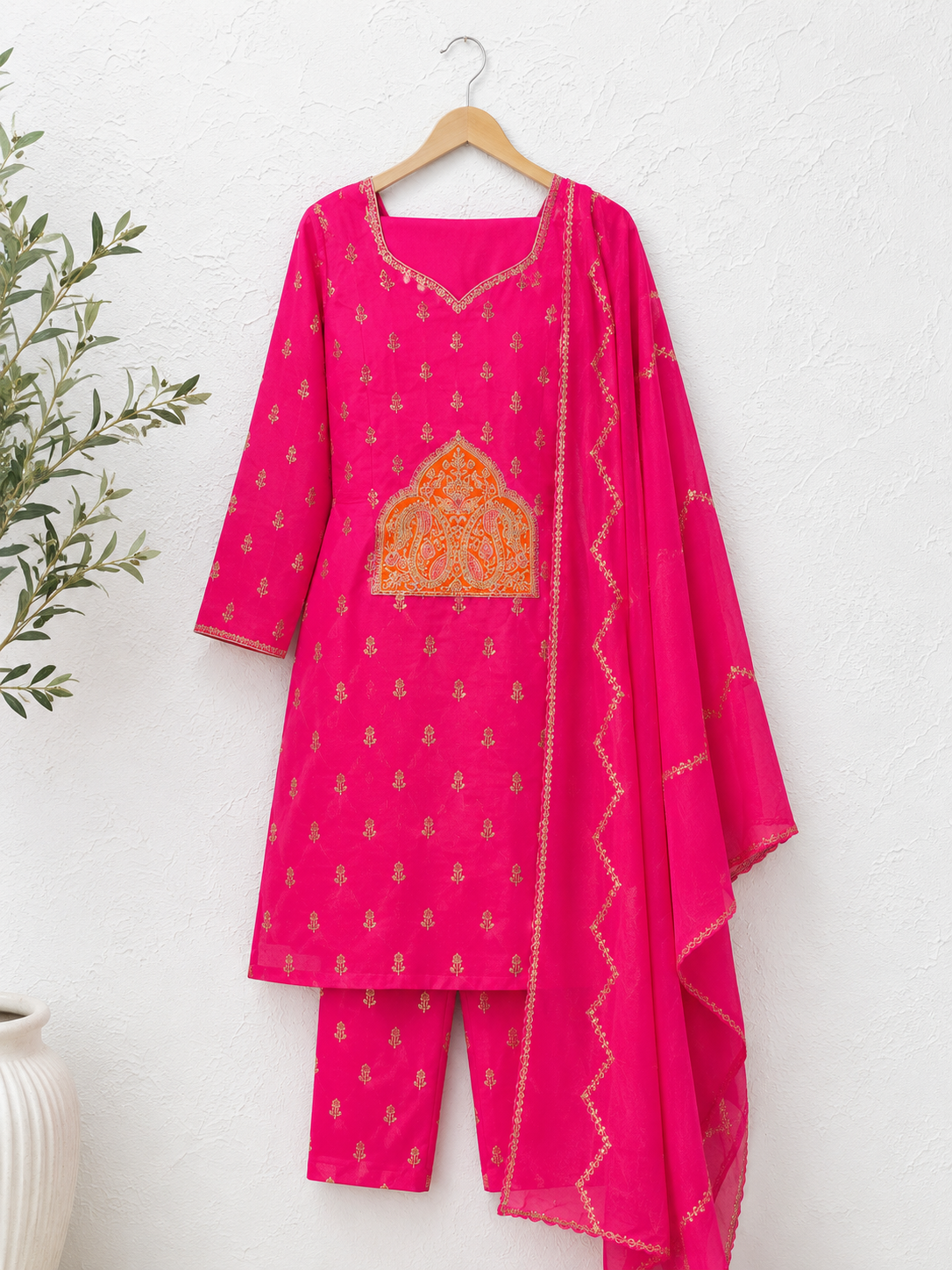 Rani Pink Heritage Embroidered Unstiched Kurti Set with Dupatta