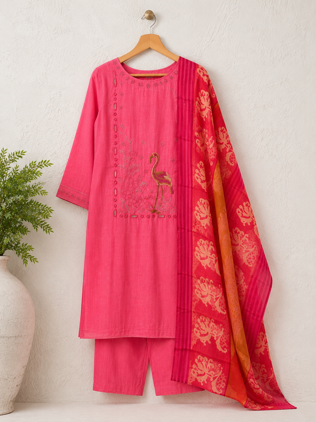 Flamingo Bloom Pink Embroidered Unstitched Suit Set