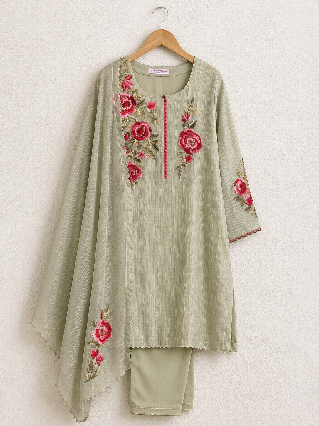 Sage Blossom Embroidered Unstiched Kurta Set with Floral Dupatta