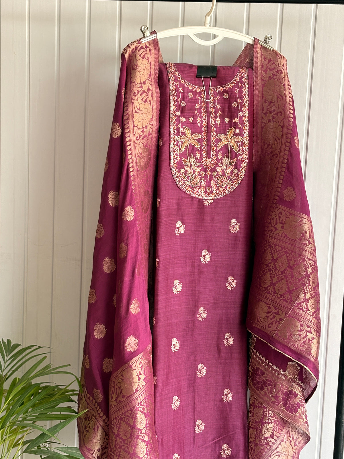 Royal Magenta Embroidered Banarasi Silk Unstiched Suit Set