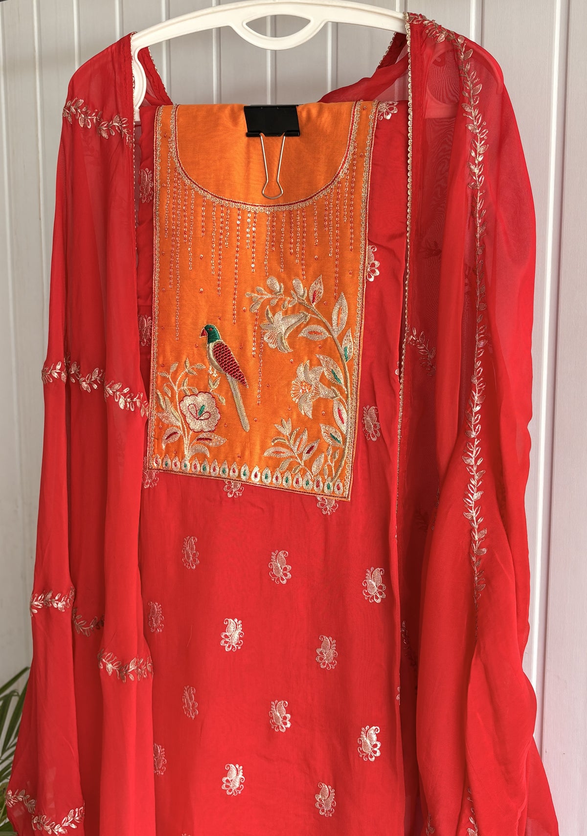 Gulnaar Bird Embroidered Cotton Unstiched Kurta Set with Kota Doria Dupatta
