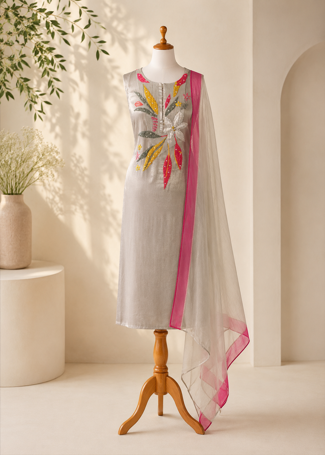Silver Mist Floral Embroidered Suit Piece