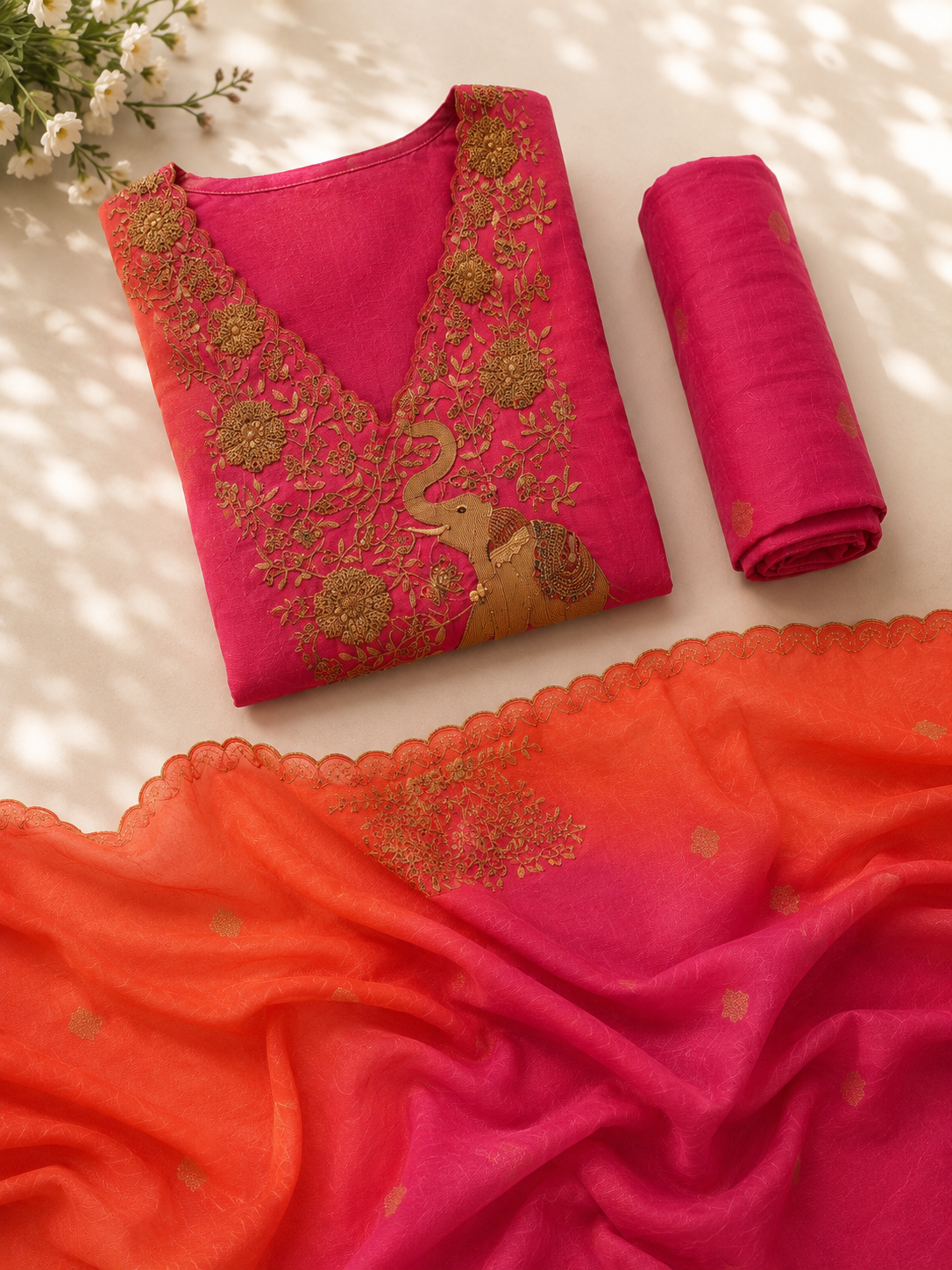 Royal Fuchsia Elephant Embroidered Suit Piece