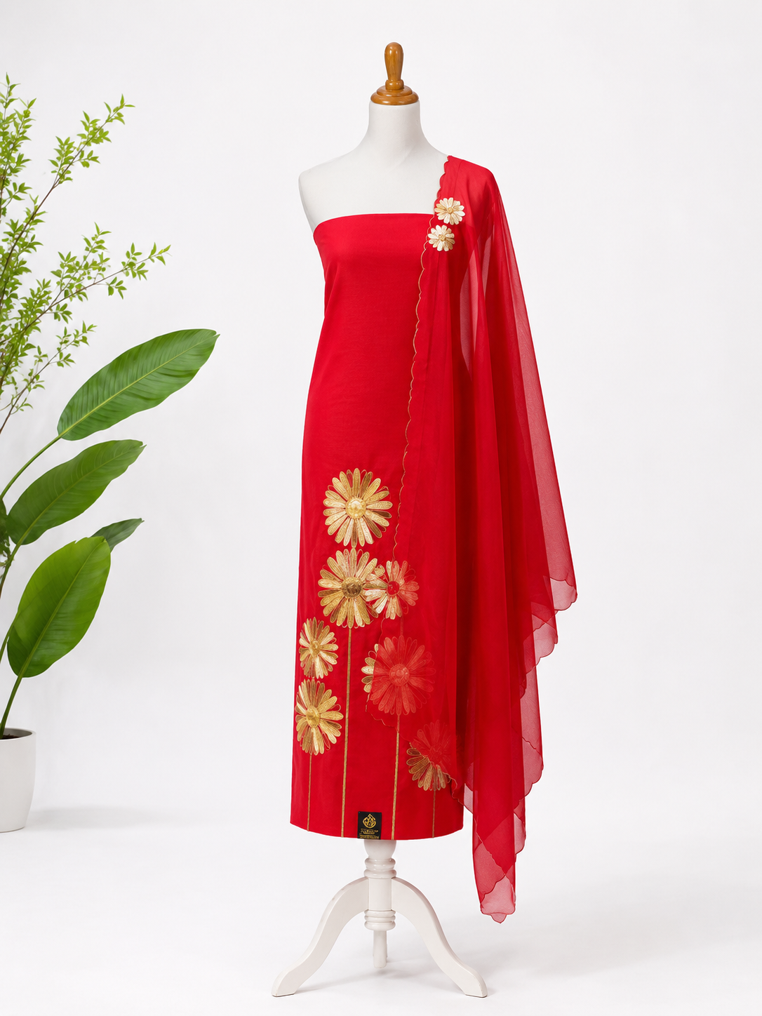 Cherry Red Embroidered Suit Piece