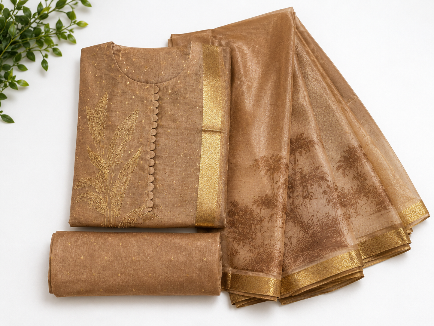 Golden Beige Roman Silk Blend Embroidered Suit Set