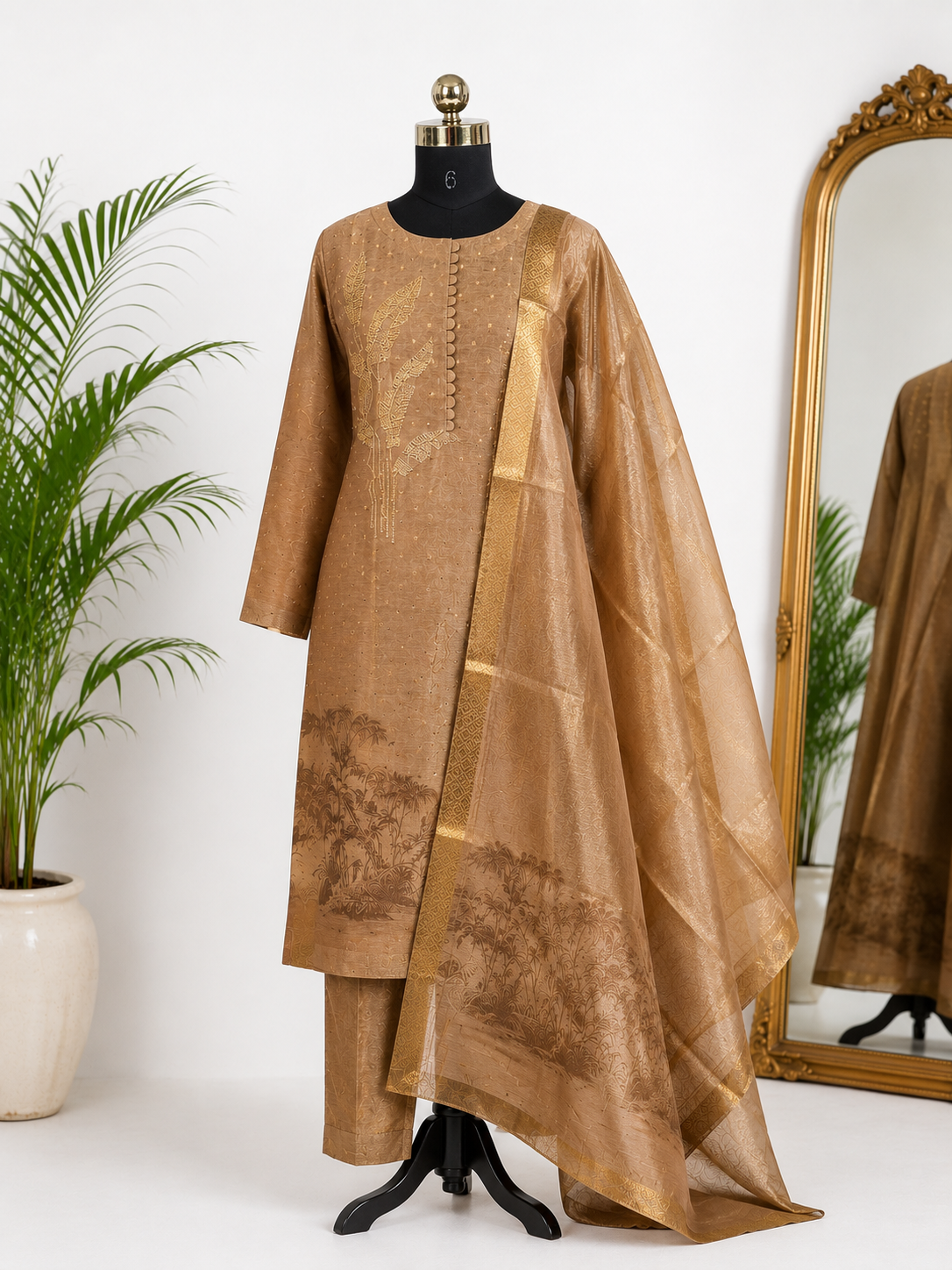 Golden Beige Roman Silk Blend Embroidered Suit Set