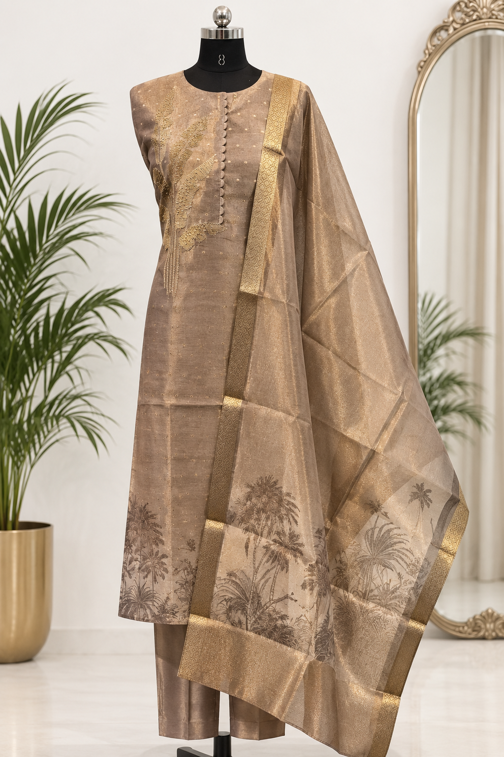 Taupe Brown Botanical Embroidered Suit Set