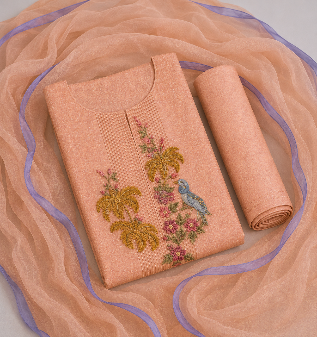 Peach Bird Embroidered Suit Piece