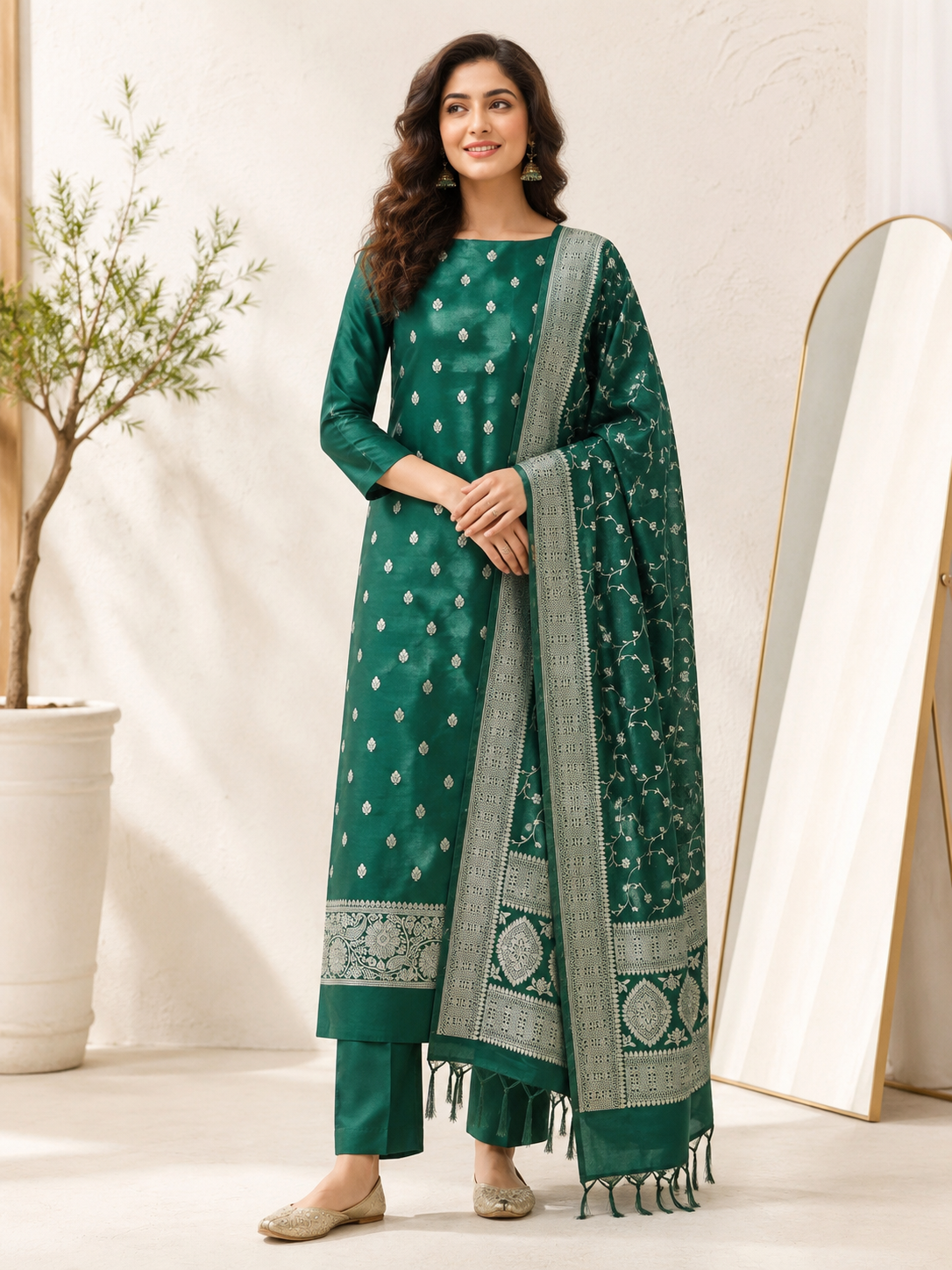 Emerald Grace Woven Silk Unstitched Suit Set