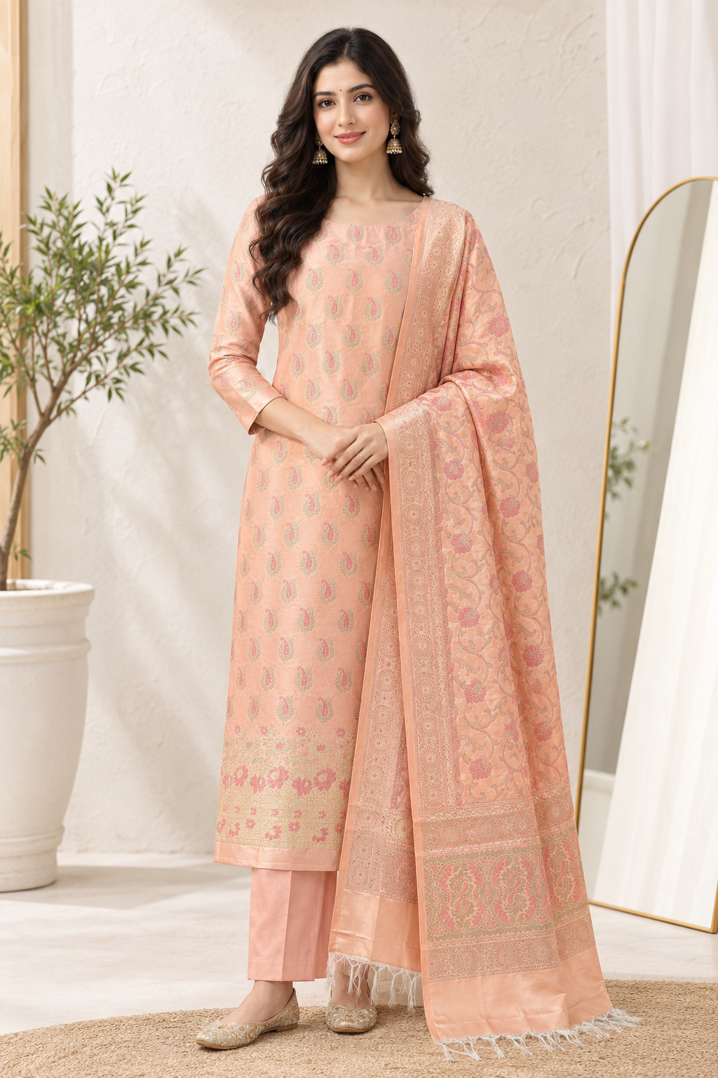 Silk Peach Unstitched Suit