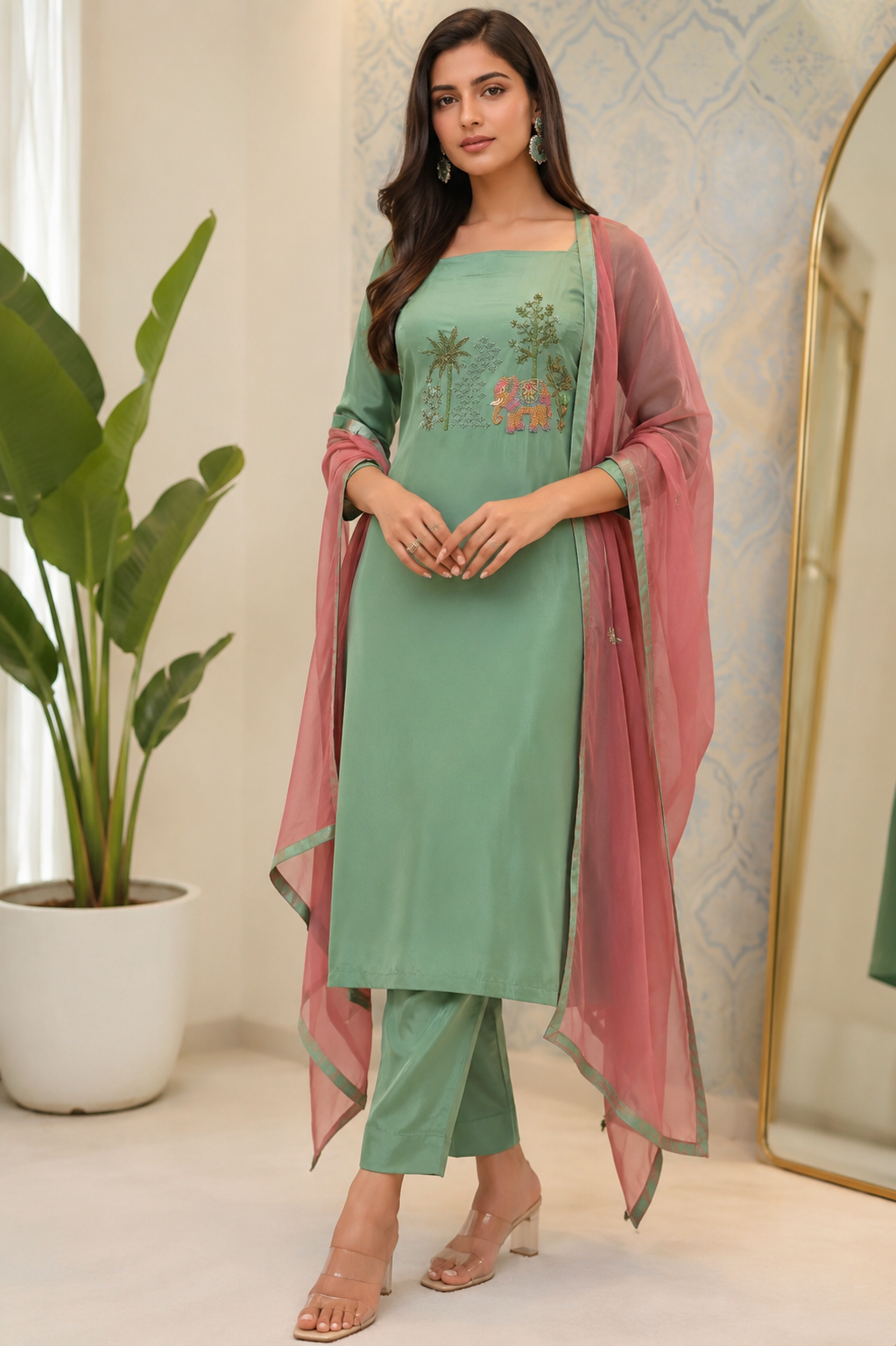 Silk Zardozi Beats Green Unstitched Suit