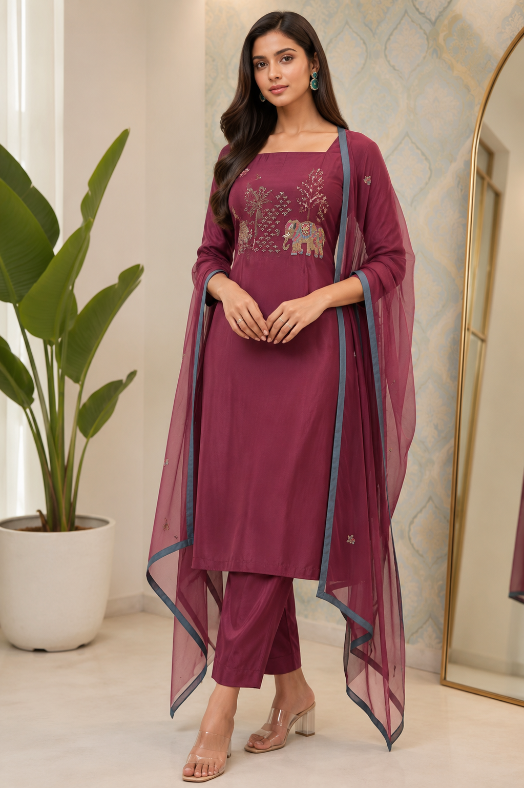 Silk Zardozi Beats Red Unstitched Suit