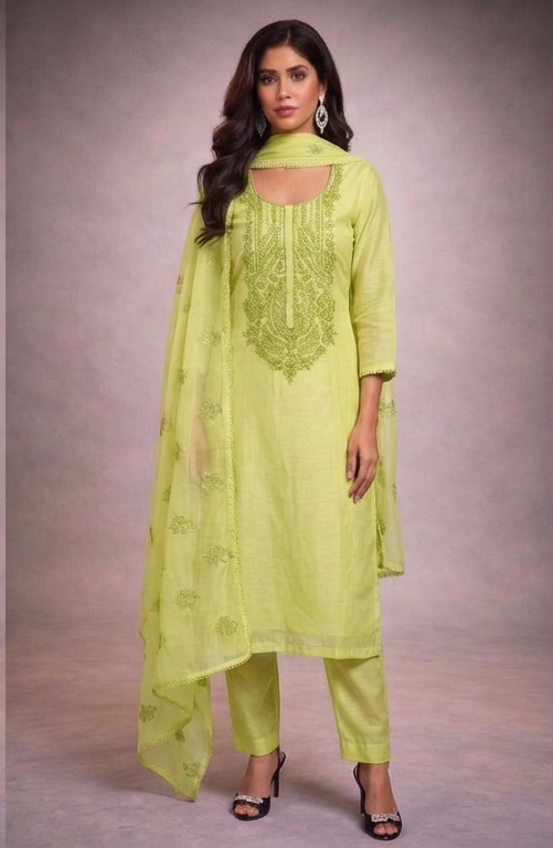 Lime Blossom Embroidered Cotton Suit Set