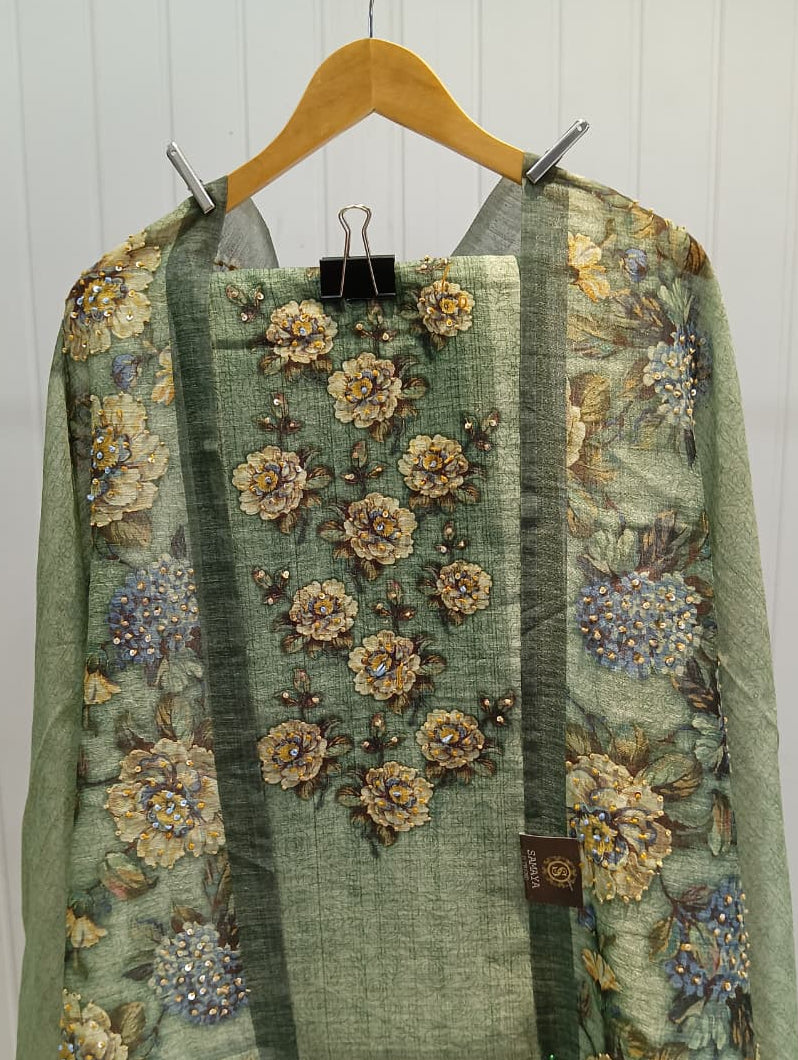 2.L Olive Green Floral Embroidered Cotton Unstitched Kurta Set