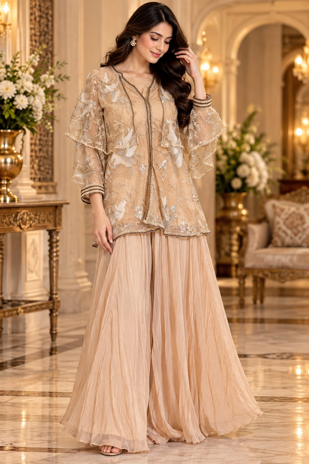 Beige Embroidered Short Jacket Kurti & Flared Sharara / Lehenga Skirt Set