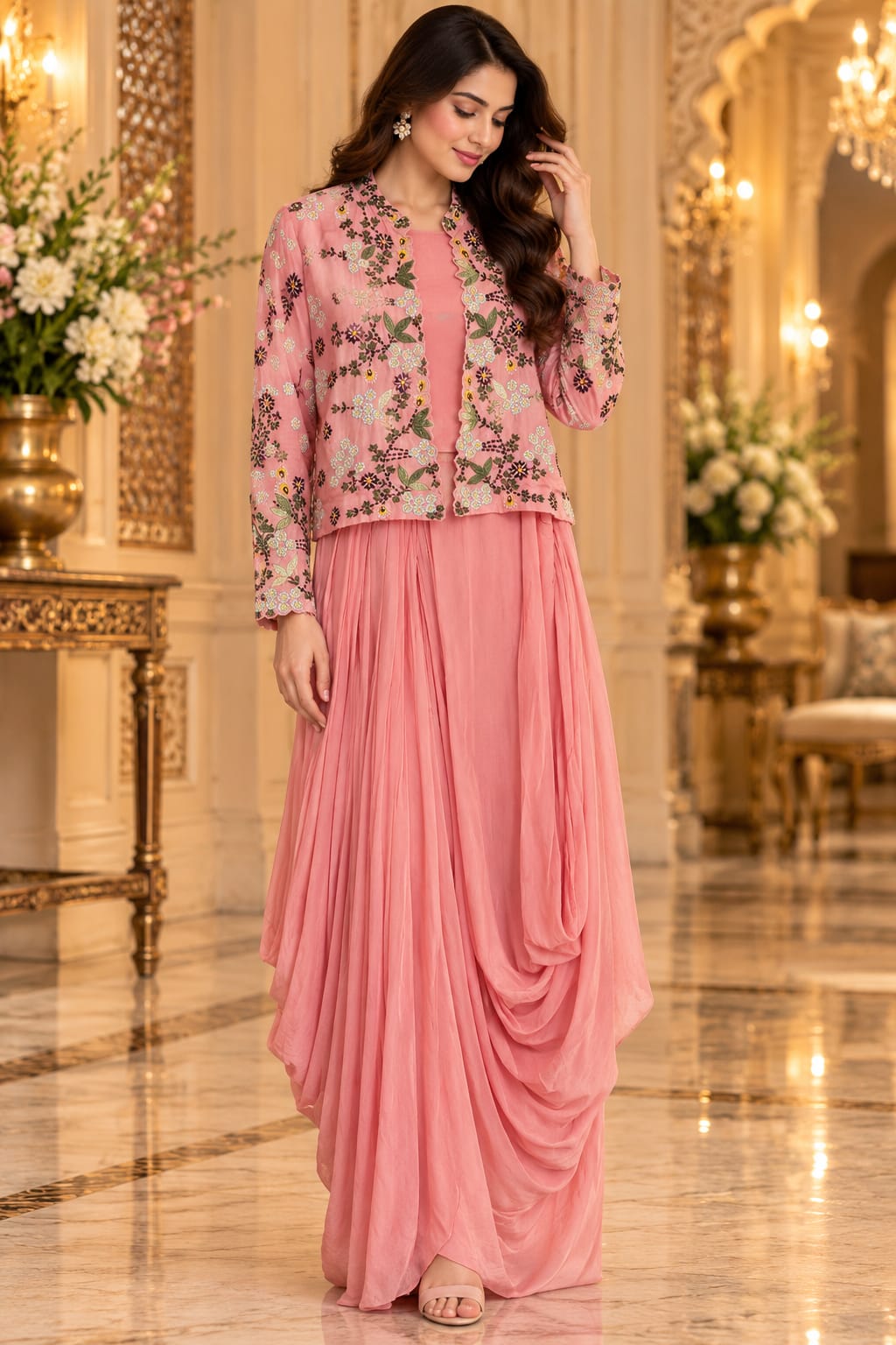 Peach Floral Printed Jacket Top with Draped Dhoti / Cowl Skirt Indo-Western Set