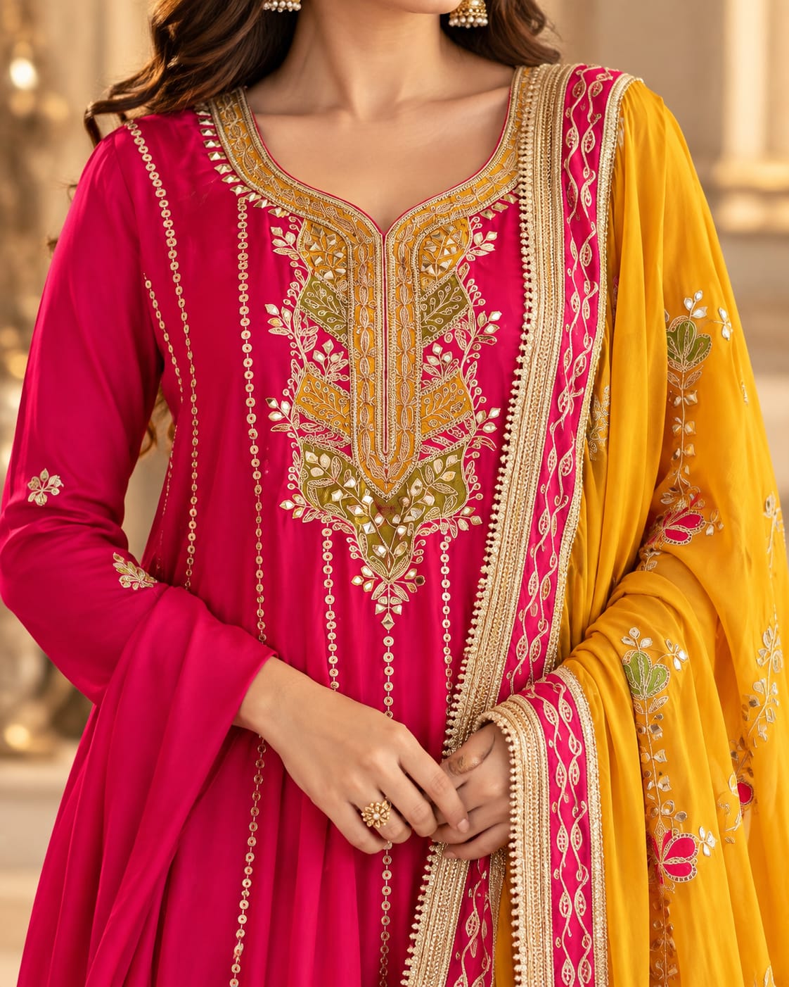 Magenta Pink Embroidered Anarkali Suit Set with Mustard Yellow Dupatta