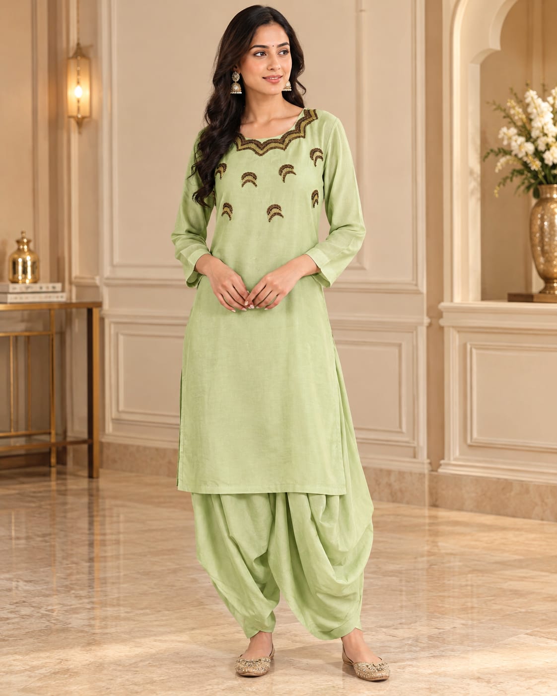 Pastel Green Embroidered Straight Kurti with Patiala Salwar Set
