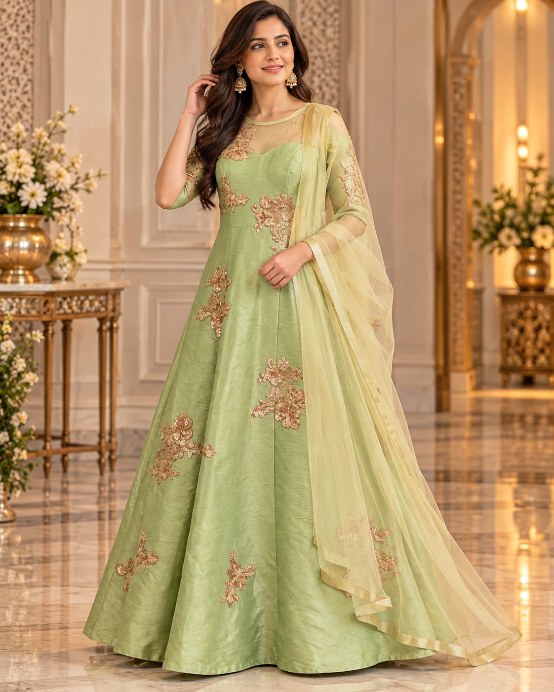 Pastel Green Embroidered Anarkali Gown with Sheer Dupatta