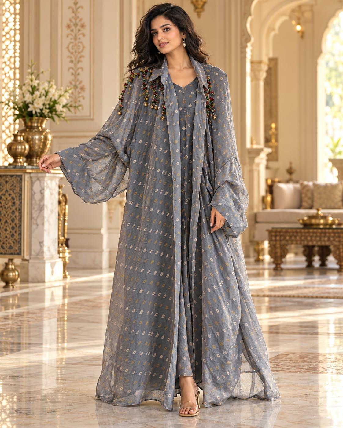 Slate Blue Long Open Shrug with Embellished Inner Slip Set