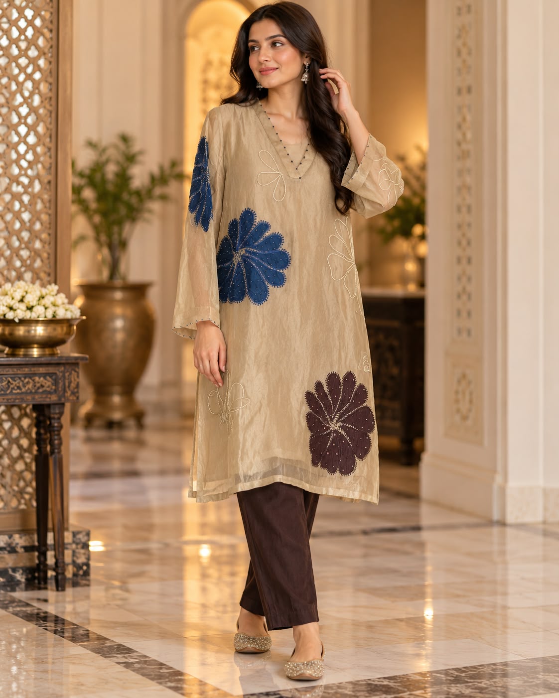 Golden Beige & Blue Floral Applique Straight Kurti with Trousers Co-ord Set