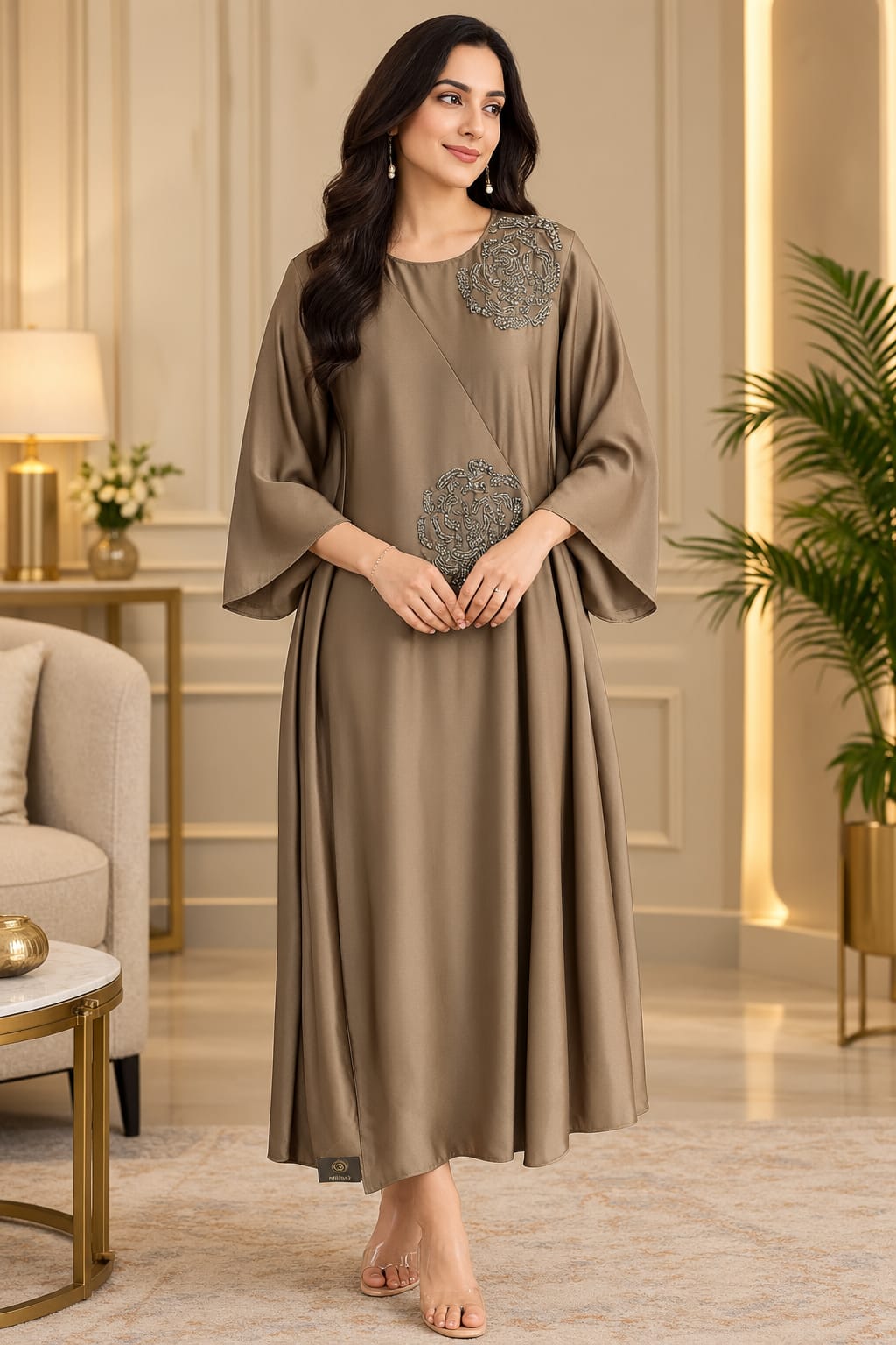 Taupe Brown Side Floral Embroidered Flared Midi Dress