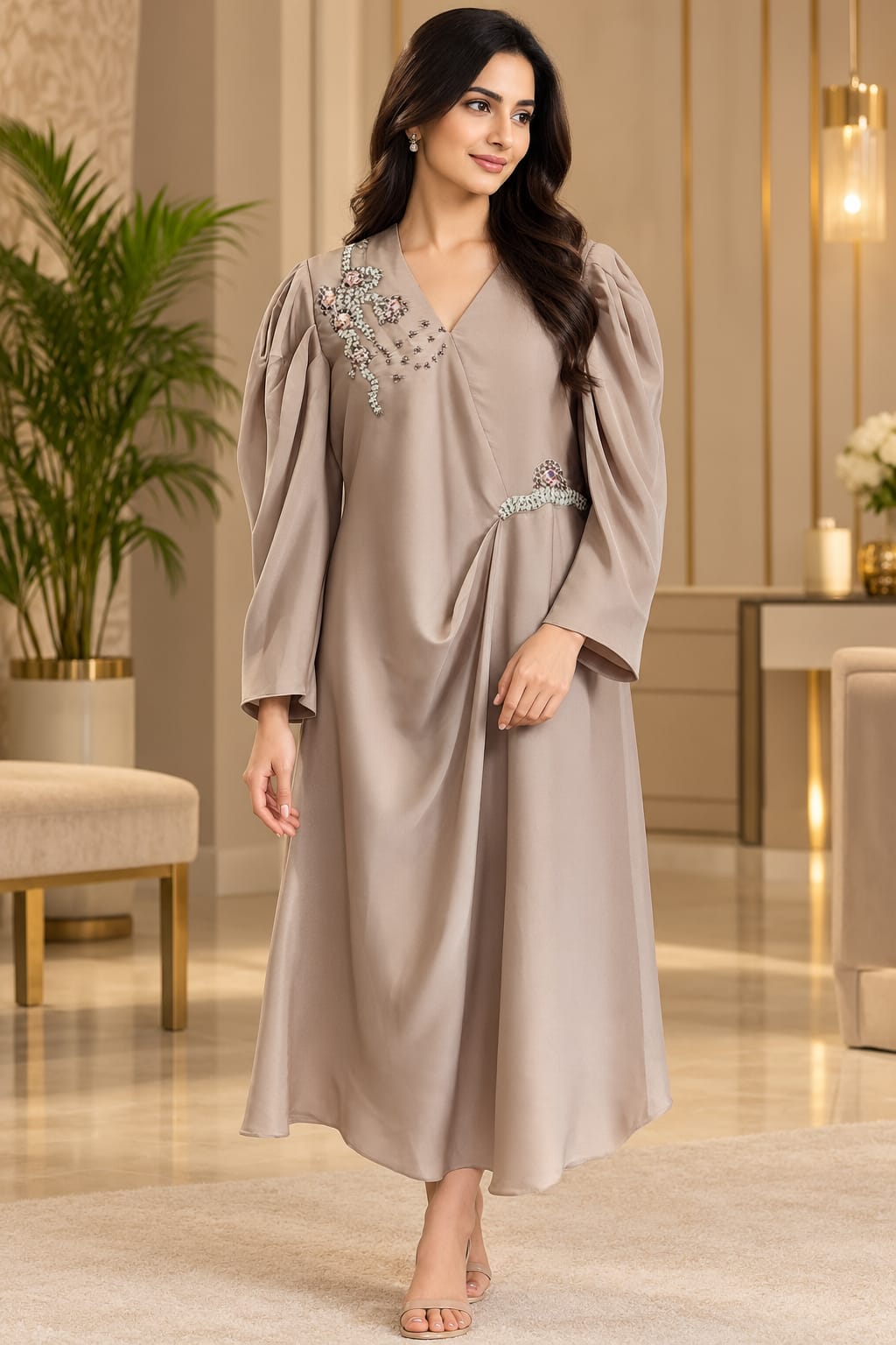 Taupe Beige Embroidered Angrakha Flared Midi Dress