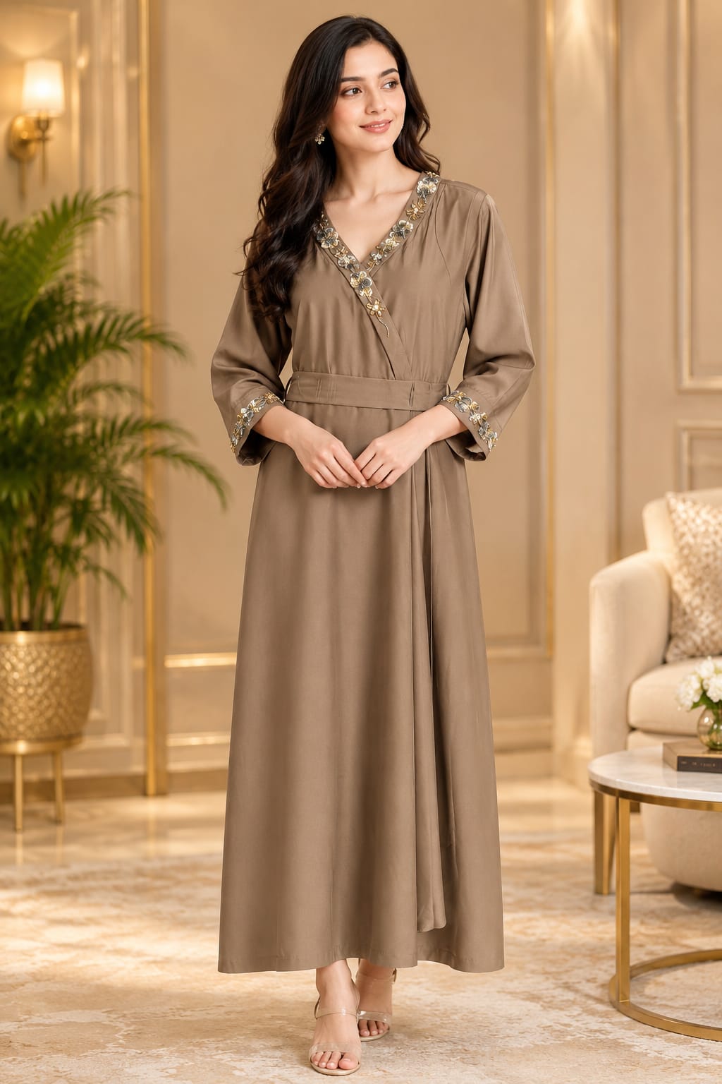 Embroidered Neckline A-Line Midi Dress - Beig