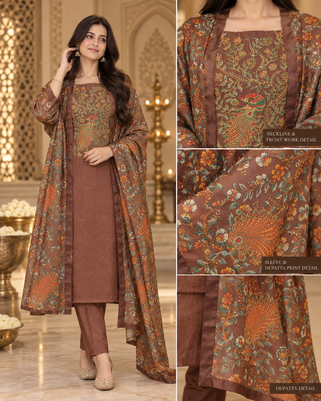 Rust Brown Printed Unstitched Suit Set with Traditional Motif Dupatta