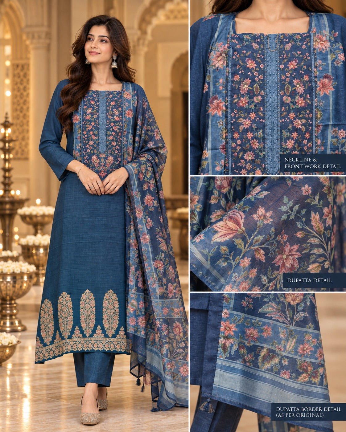 Navy Blue Printed Unstitched Suit Set with Ornate Floral Dupatta