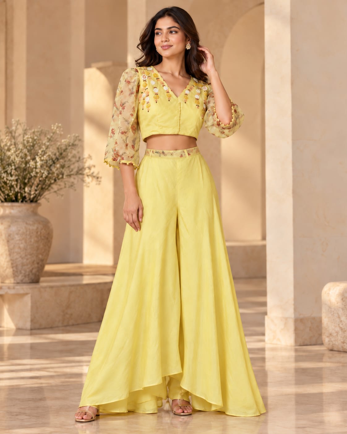 Yellow Embroidered Indo-Western Crop Top & Palazzo Set with Attached Dupatta