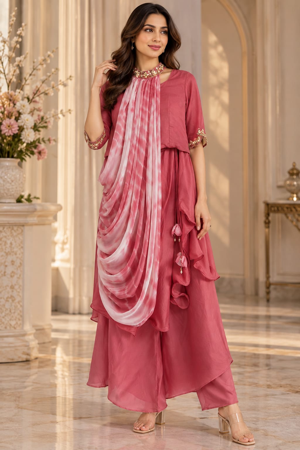 Pink Embroidered Indo-Western Crop Top & Palazzo Set