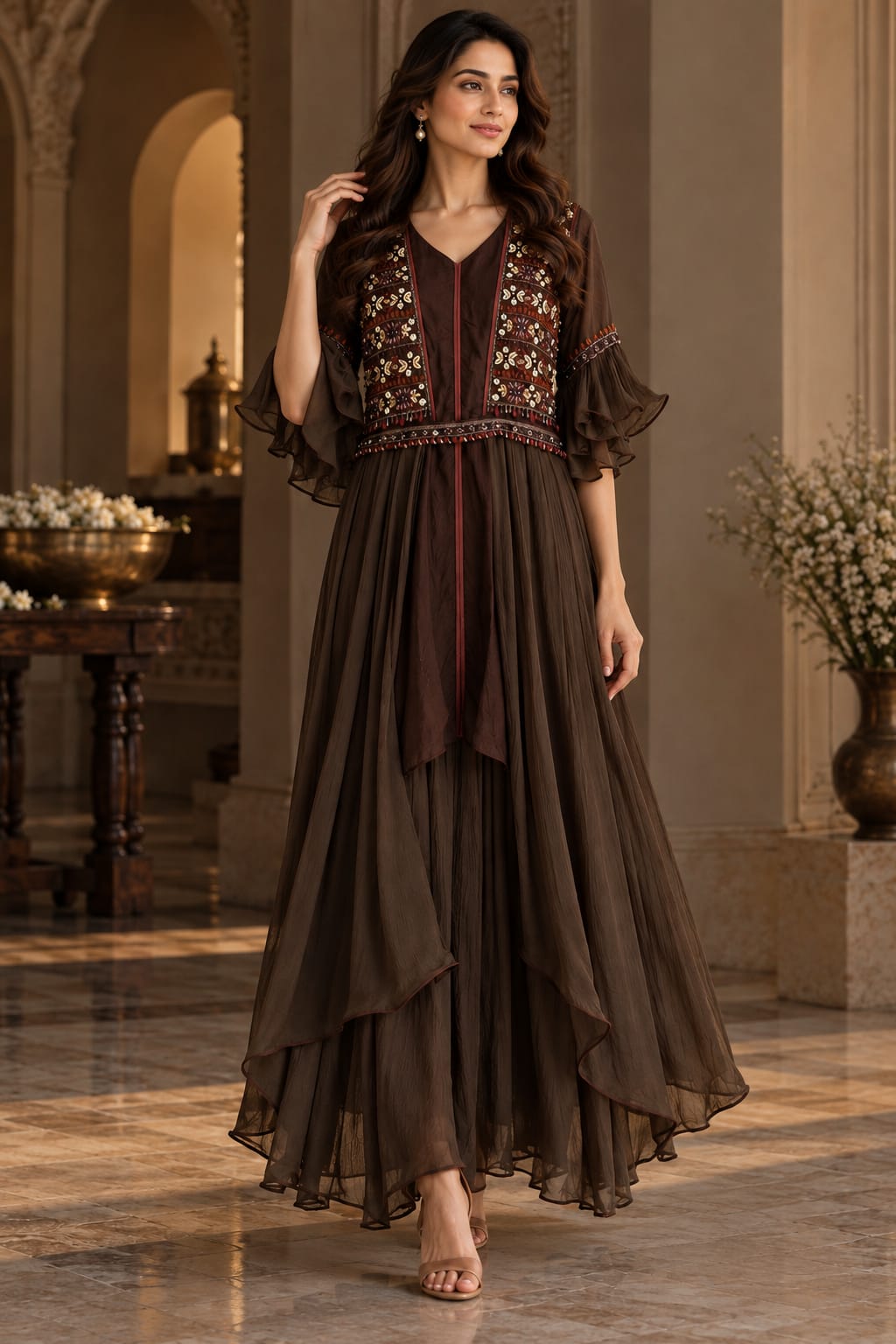 Chocolate Brown Embroidered Indo-Western Anarkali Gown Set with Cape Sleeves