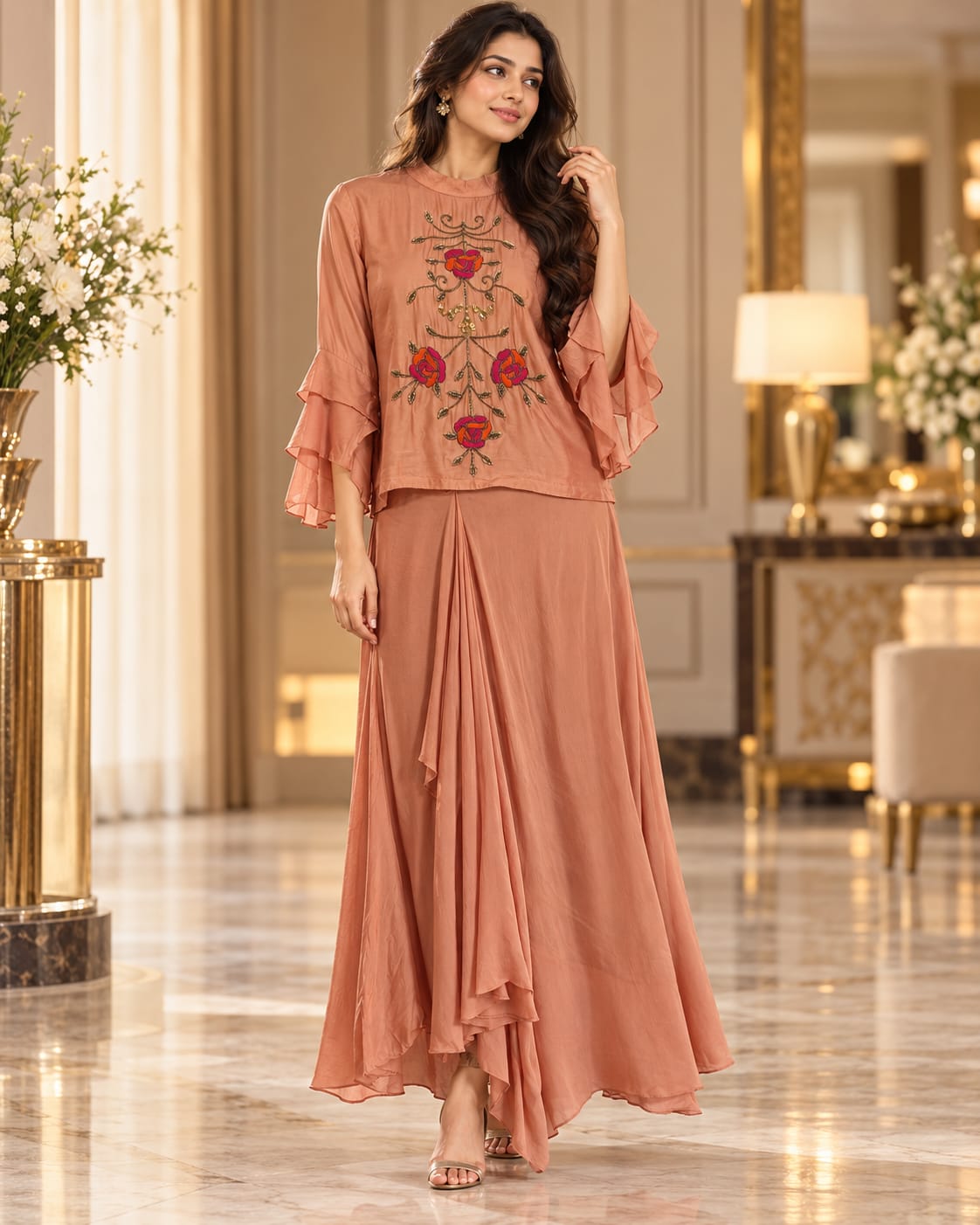 Terracotta Peach Floral Embroidered Peplum Top with Draped Dhoti / Cowl Skirt Set