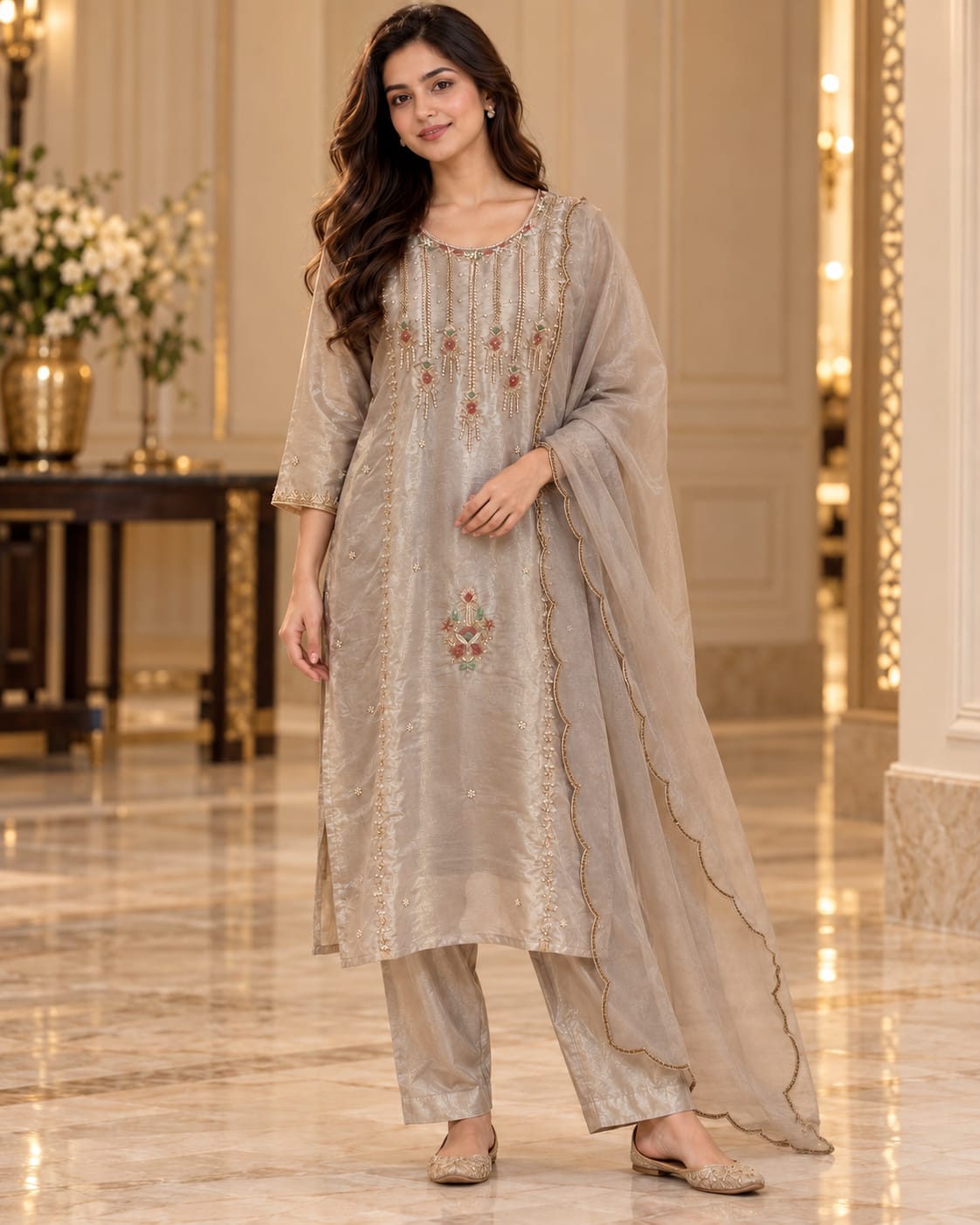 Grey Printed & Embroidered Kurti Set with Matching Dupatta
