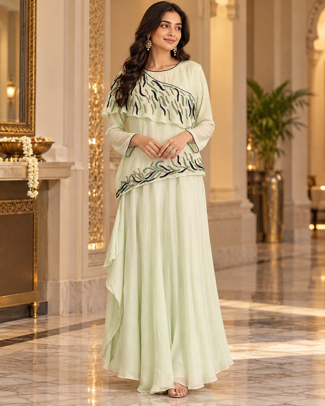 Pastel Sea Green Embroidered Tiered Peplum Gown / Indo-Western Maxi Dress
