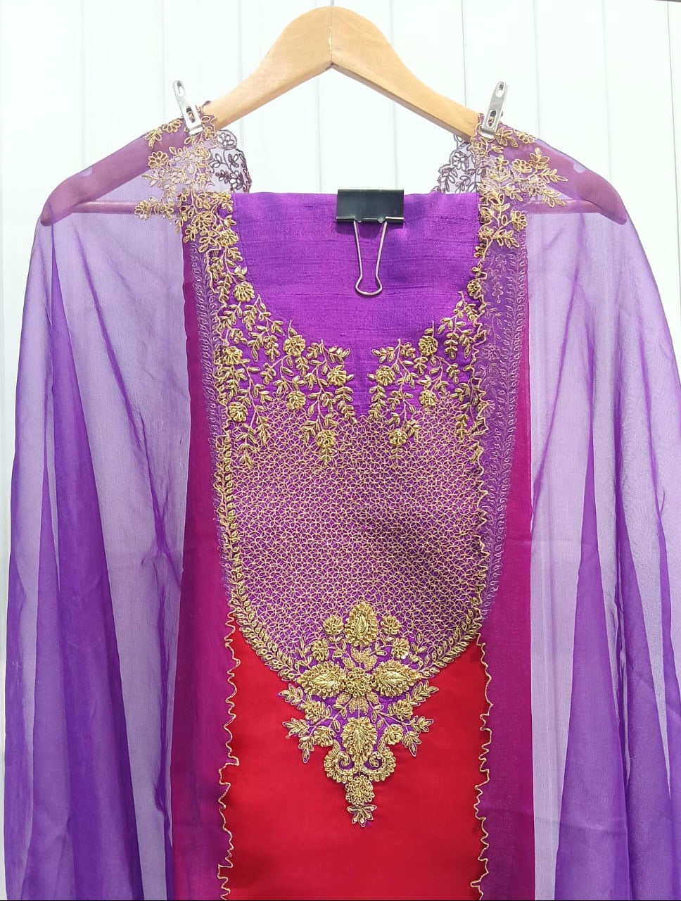 Purple & Fuchsia Silk Unstitched Kurti Suit Material with Sheer Purple Dupatta
