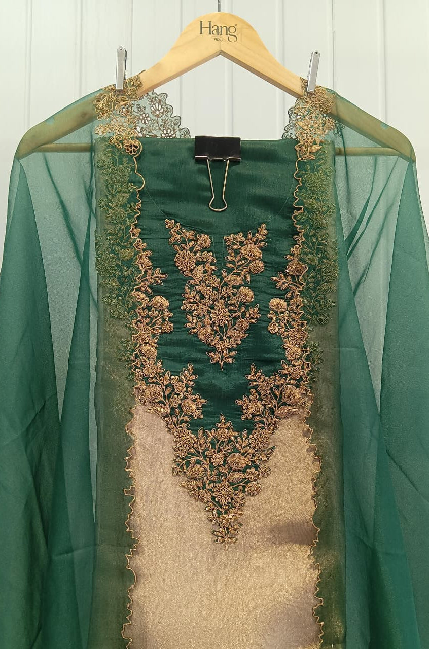Rich Emerald Green & Gold Embroidered Unstitched Kurti Set with Sheer Dupatta